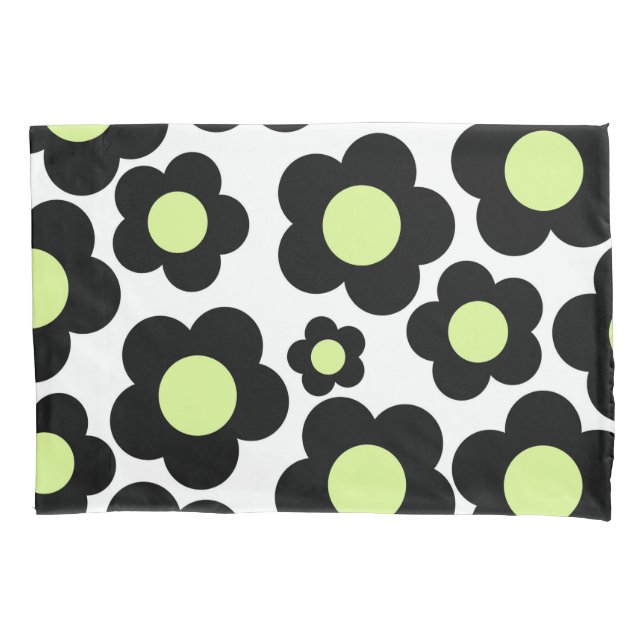 Whimsical Black & Lime Green Floral Retro Cheerfu Pillow Case (Front)
