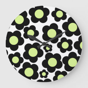 Whimsical Black & Lime Green Floral Retro Cheerful Large Clock