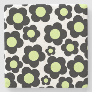 Whimsical Black & Lime Green Floral Retro Cheerful Stone Coaster