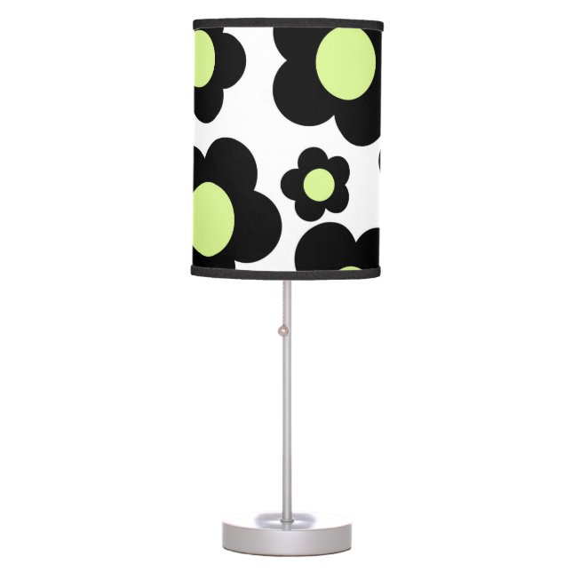 Whimsical Black & Lime Green Floral Retro Cheerful Table Lamp (Front)
