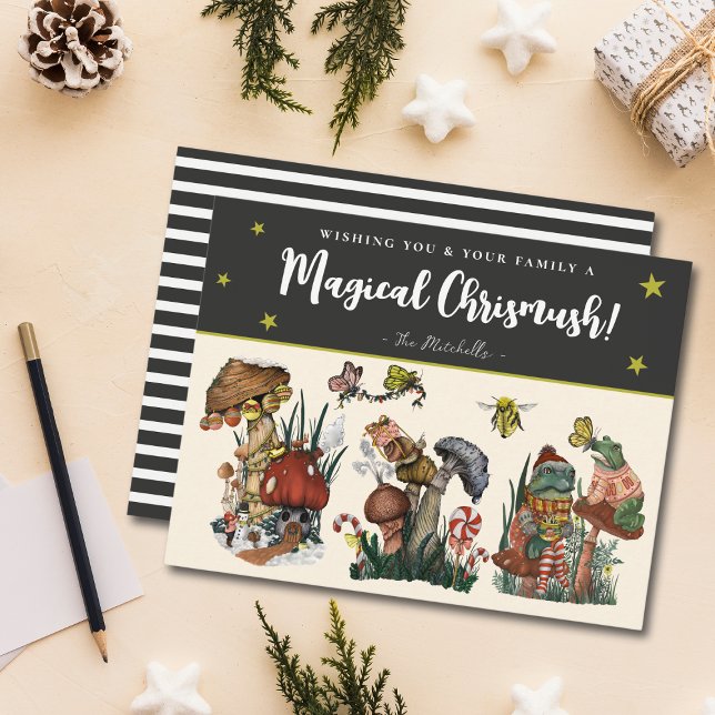 Whimsical Black Merry Mushroom and Frogs Christmas Holiday Card (Creator Uploaded)
