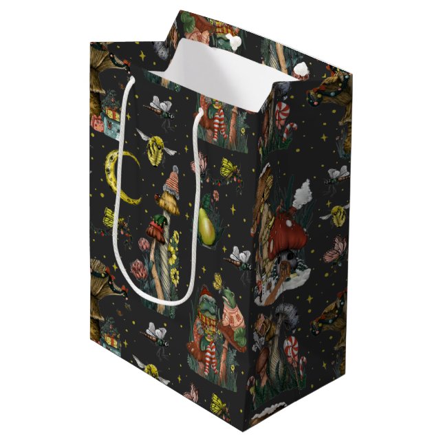 Whimsical Black Mushroom Merry Christmas Goth Medi Medium Gift Bag (Front Angled)