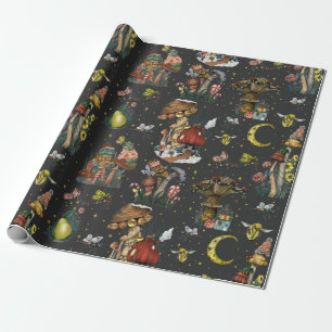 Whimsical Black Mushroom Merry Christmas Goth Wra Wrapping Paper