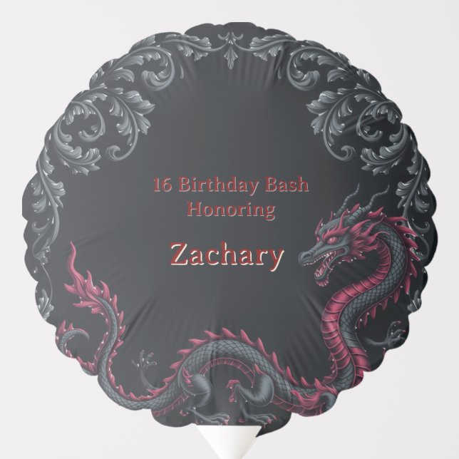 Whimsical Black Red Dragon Damask Sweet 16 Bash Balloon (Front)