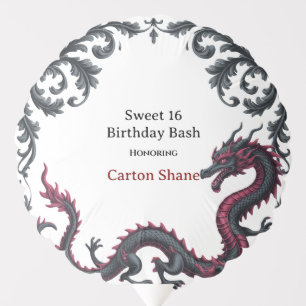 Whimsical Black Red Dragon Damask Sweet 16 Bash Balloon