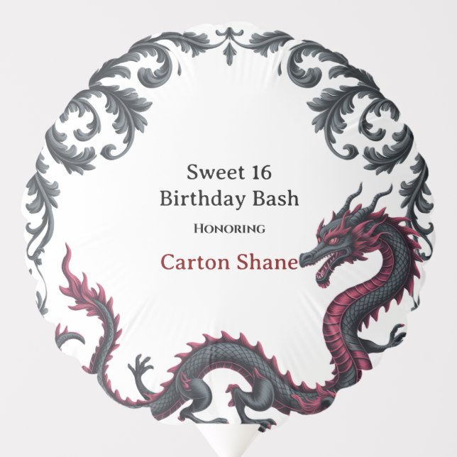 Whimsical Black Red Dragon Damask Sweet 16 Bash Balloon (Front)