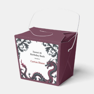 Whimsical Black Red Dragon Damask Sweet 16 Bash Favor Boxes