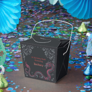 Whimsical Black Red Dragon Damask Sweet 16 Bash Favor Boxes