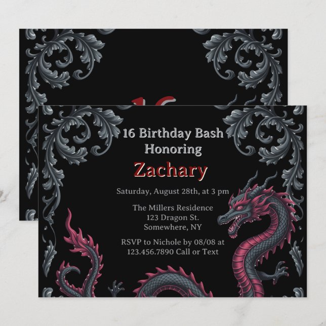 Whimsical Black Red Dragon Damask Sweet 16 Bash Invitation (Front/Back)