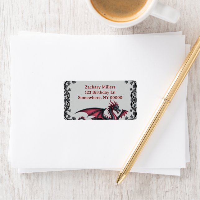 Whimsical Black Red Dragon Damask Sweet 16 Bash Label (Insitu)
