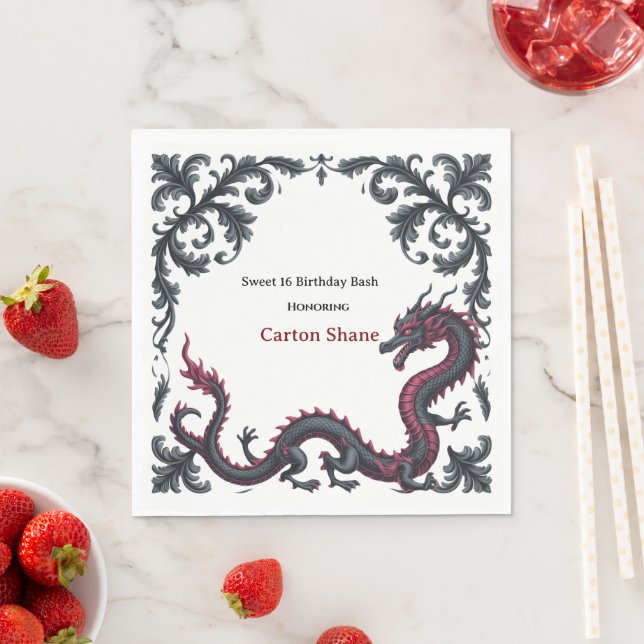 Whimsical Black Red Dragon Damask Sweet 16 Bash Napkins (Insitu)