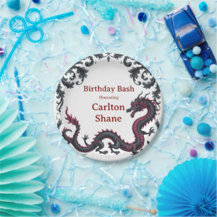 Whimsical Black Red Dragon Damask Sweet 16 Bash Paper Plates