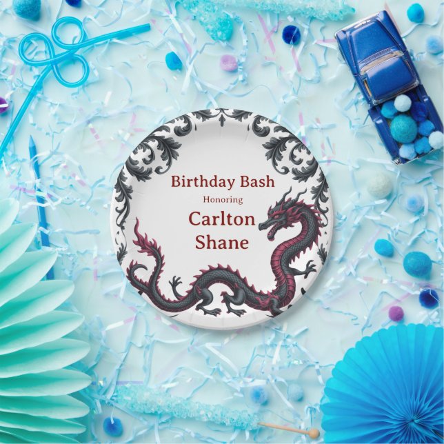 Whimsical Black Red Dragon Damask Sweet 16 Bash Paper Plates (Party)