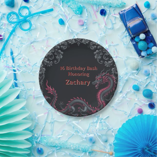 Whimsical Black Red Dragon Damask Sweet 16 Bash Paper Plates (Party)