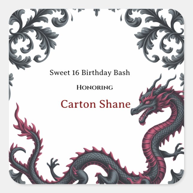 Whimsical Black Red Dragon Damask Sweet 16 Bash Square Sticker (Front)