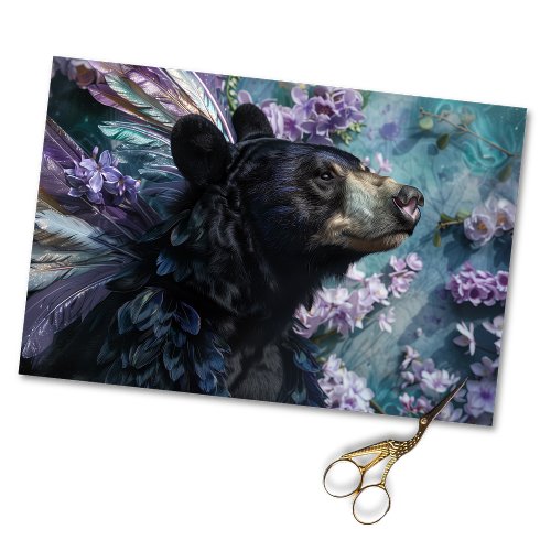 Whimsical Black Rustic Floral Bear Decoupage Tissue Paper