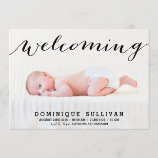 Whimsical Black Script Photo Birth Announcement