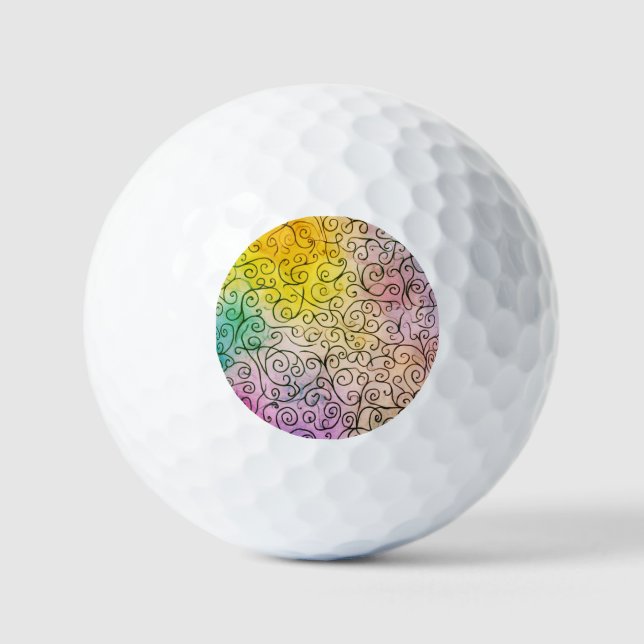 Whimsical black Swirl Pattern Abstract Colorful Golf Balls (Front)