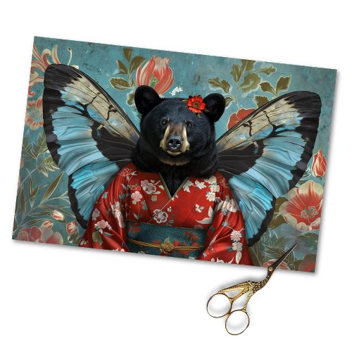 Whimsical Black Vintage Floral Bear Decoupage  Tissue Paper