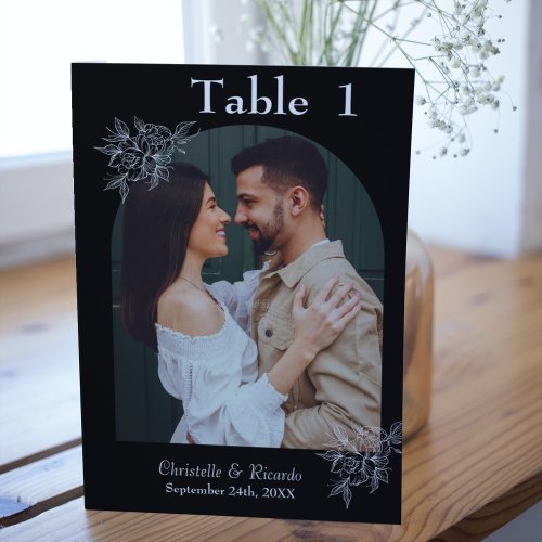 Whimsical black wedding photo table number