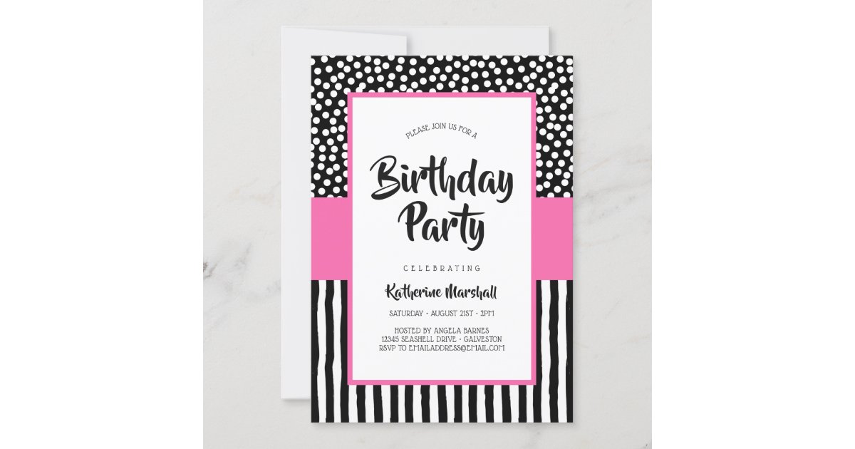 Whimsical Black White and Pink Birthday Invitation | Zazzle