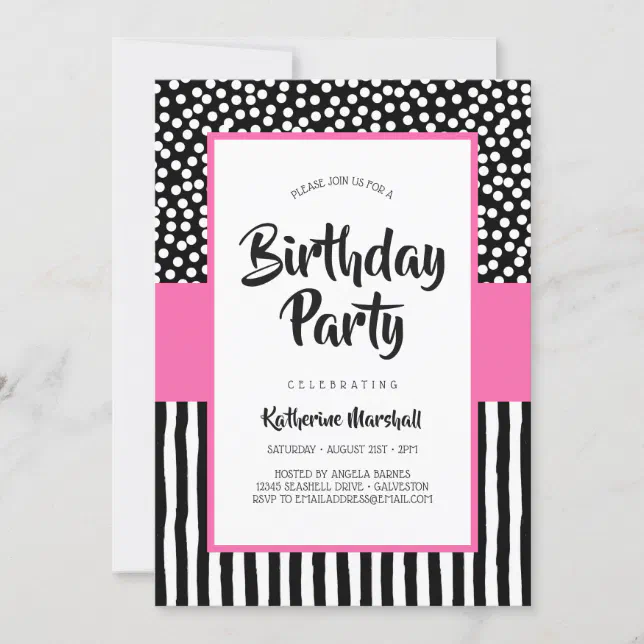 Whimsical Black White and Pink Birthday Invitation | Zazzle