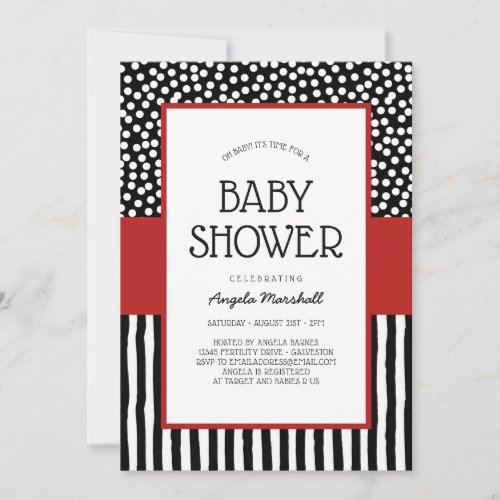 Whimsical Black White and Red Baby Shower Invitation