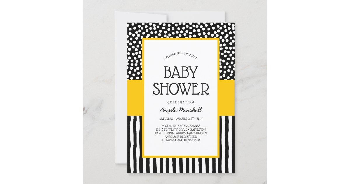 Whimsical Black White And Yellow Baby Shower Invitation Zazzle Com