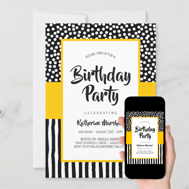 Whimsical Black White and Yellow Birthday Invitation | Zazzle