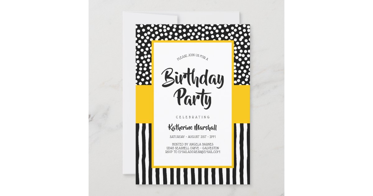 Whimsical Black White and Yellow Birthday Invitation | Zazzle