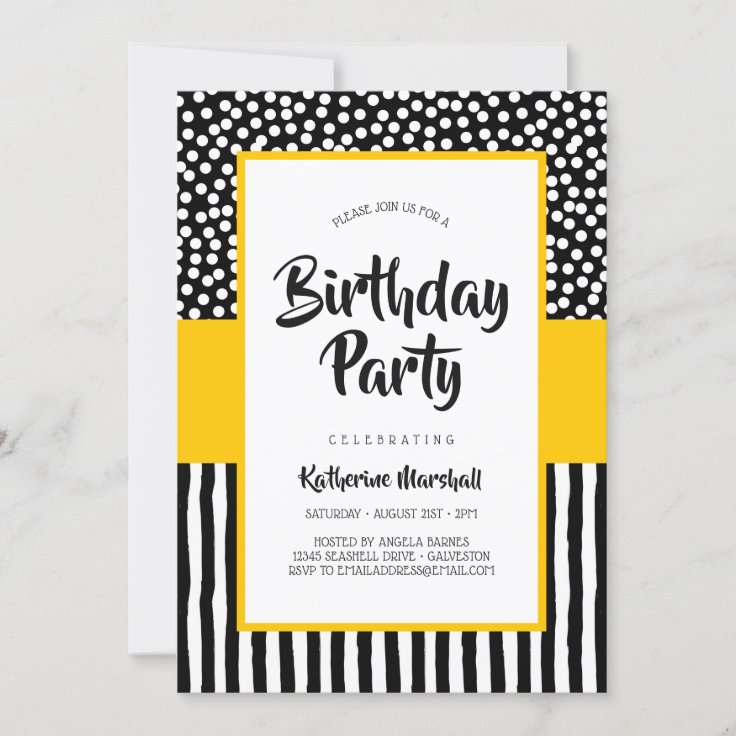 Whimsical Black White and Yellow Birthday Invitation | Zazzle