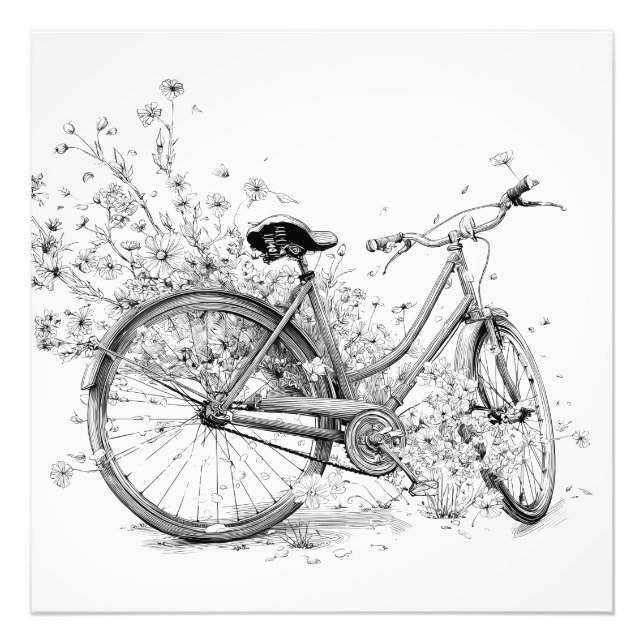 Whimsical Black White Bicycle Flower Drawing Photo Print (Front)
