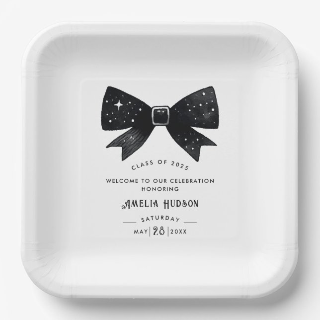 Whimsical Black & White Bow Graduation Party Paper Plates (Front)