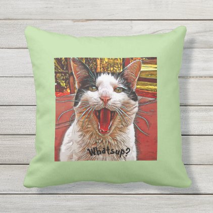 Whimsical Black White Cat Mouth Wide Open WHATS UP Throw Pillow