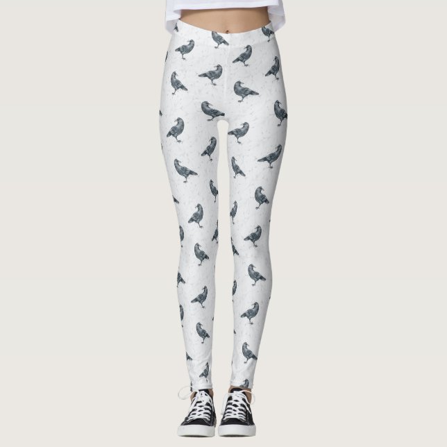 Whimsical Black & white Crow Halloween  Leggings (Front)