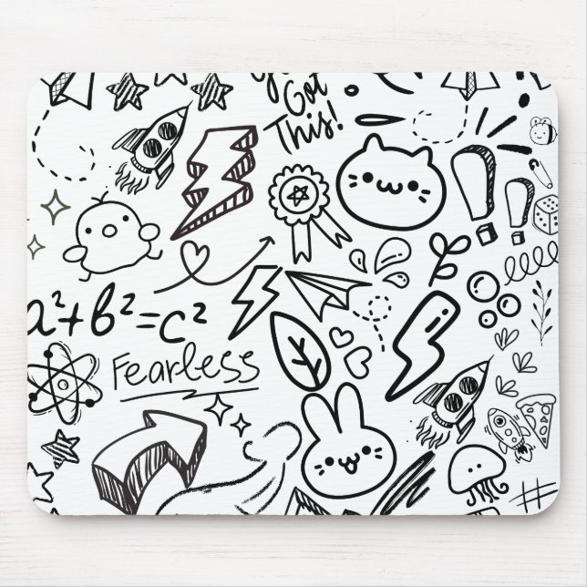 Whimsical Black & White Doodles Mouse Pad (Front)