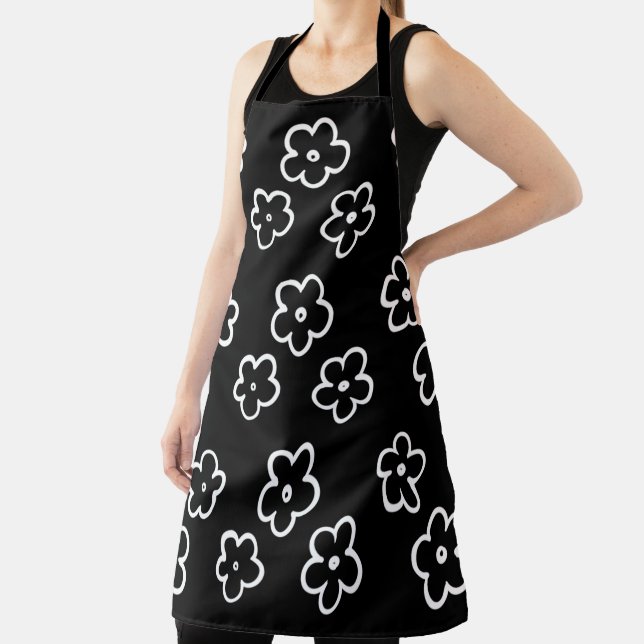 Whimsical Black & White Floral Retro and Cheerful Apron (Insitu)