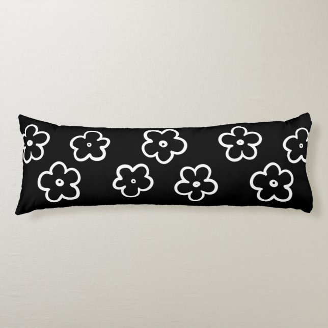 Whimsical Black & White Floral Retro and Cheerful Body Pillow (Front)