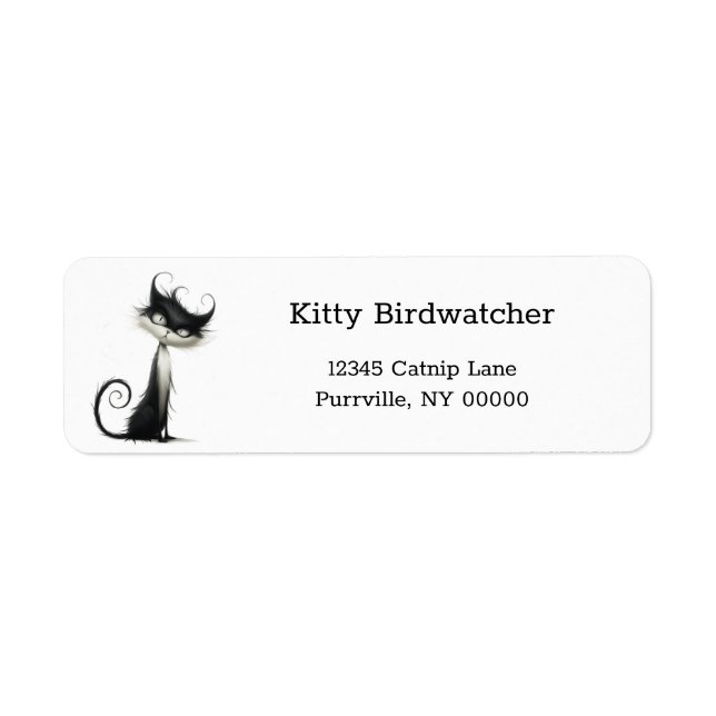 Whimsical Black White Mischievous Cat Address Label (Front)