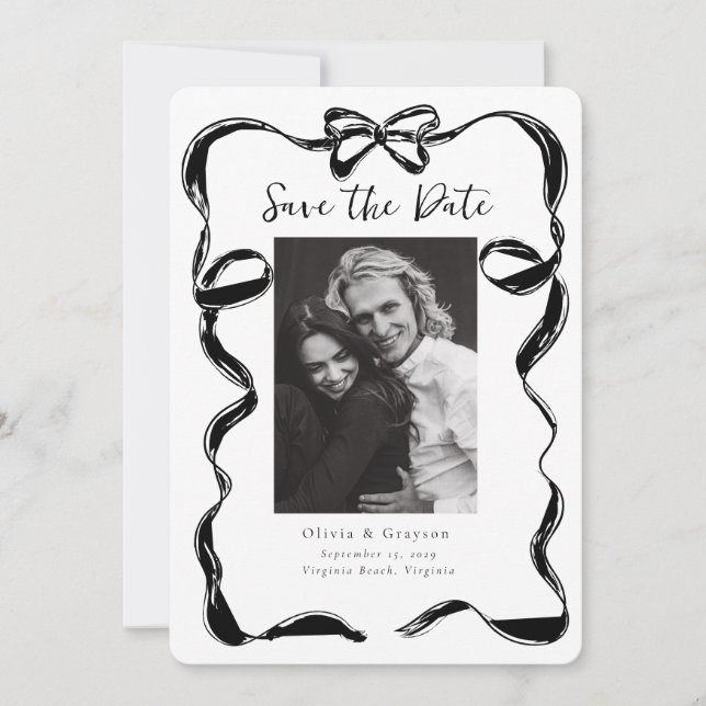 Whimsical Black White Photo  Bow Save the Date (Front)