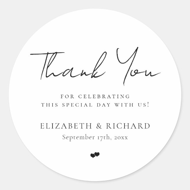 Whimsical Black White Script Thank You Wedding Classic Round Sticker (Front)
