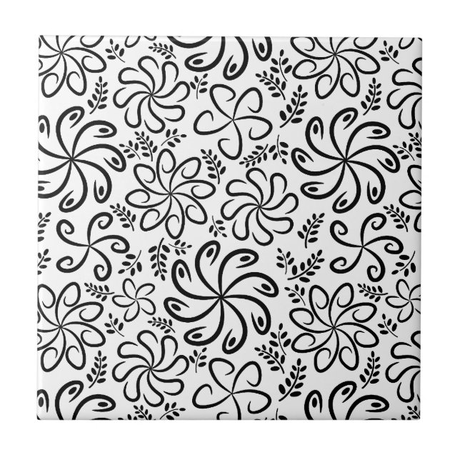 Whimsical Black White Spiral Floral Leaf Pattern Ceramic Tile (Front)