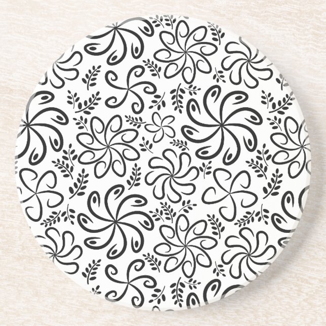 Whimsical Black White Spiral Floral Leaf Pattern Coaster (Front)