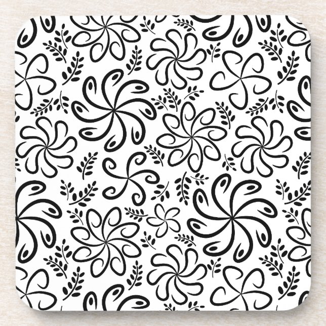 Whimsical Black White Spiral Floral Leaf Pattern Coaster (Front)