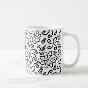 Whimsical Black White Spiral Floral Leaf Pattern Coffee Mug