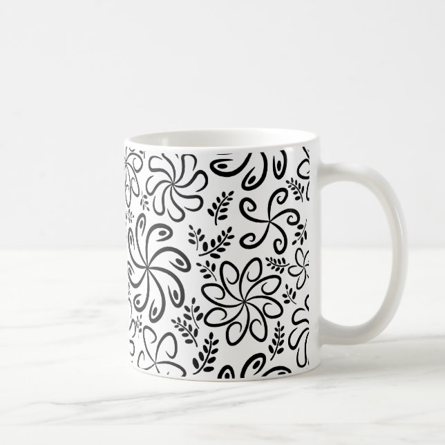 Whimsical Black White Spiral Floral Leaf Pattern Coffee Mug (Right)