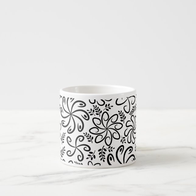 Whimsical Black White Spiral Floral Leaf Pattern Espresso Cup (Front)