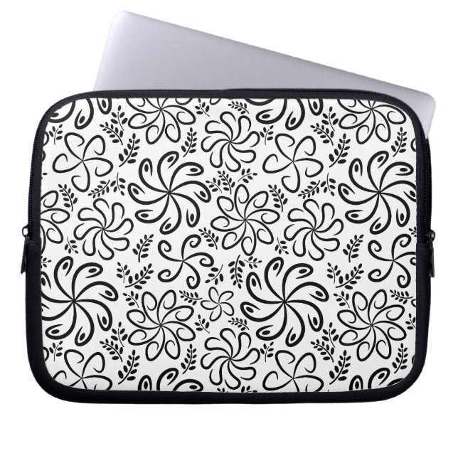 Whimsical Black White Spiral Floral Leaf Pattern Laptop Sleeve (Front)