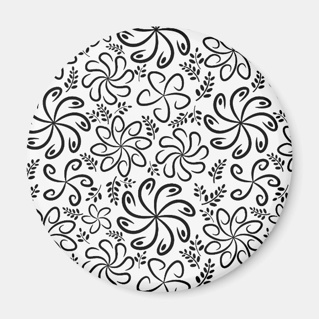 Whimsical Black White Spiral Floral Leaf Pattern Magnet (Front)