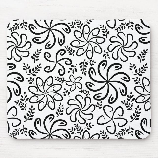 Whimsical Black White Spiral Floral Leaf Pattern Mouse Pad (Front)